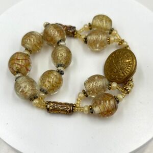 Vintage Chunky Artisan Glass Beaded Bracelet Brass Button Clasp Cream Gold Swirl